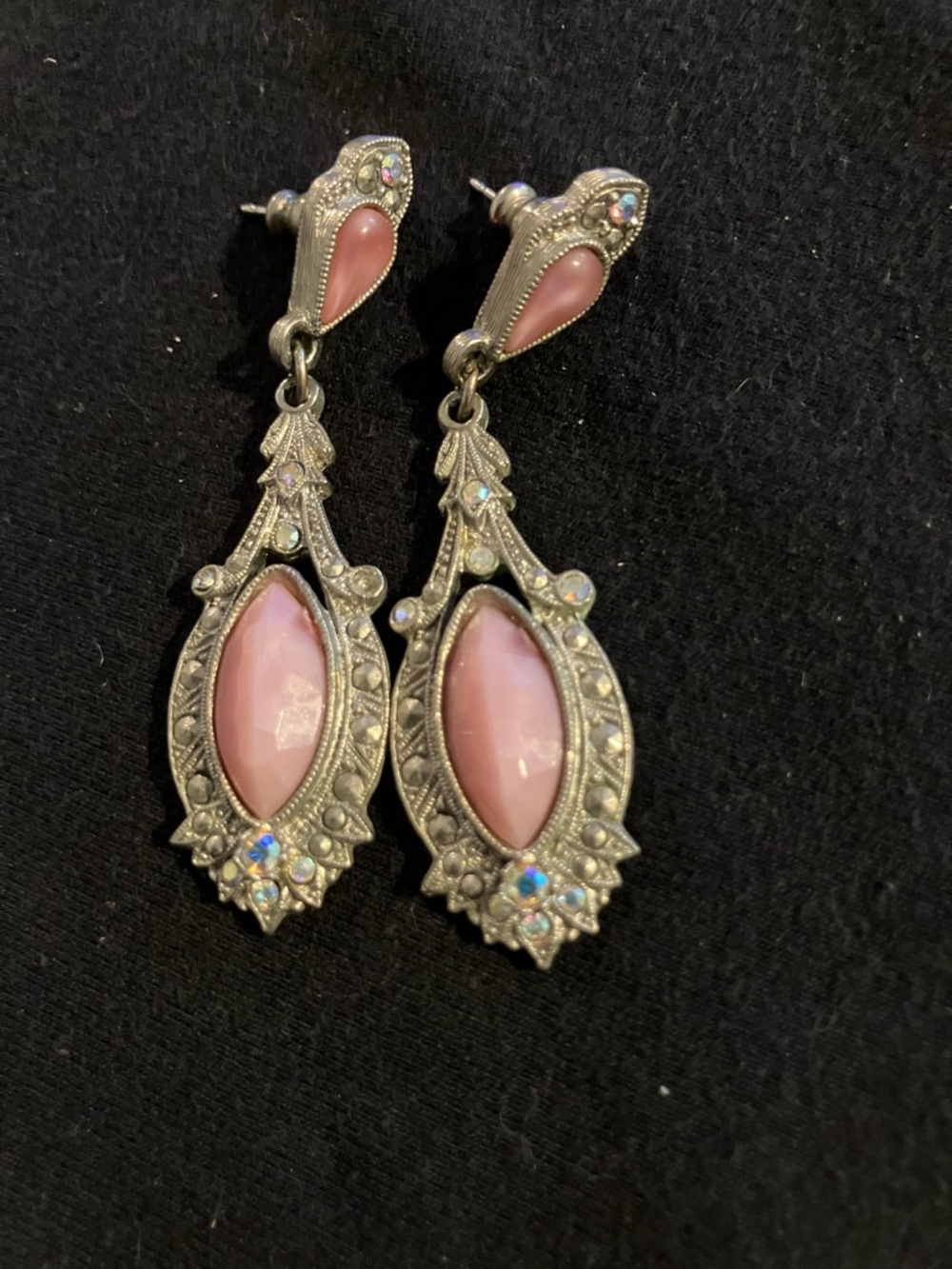 Pink Marquise Drop Earrings with Vintage Silver Detail - Picture 2 of 4